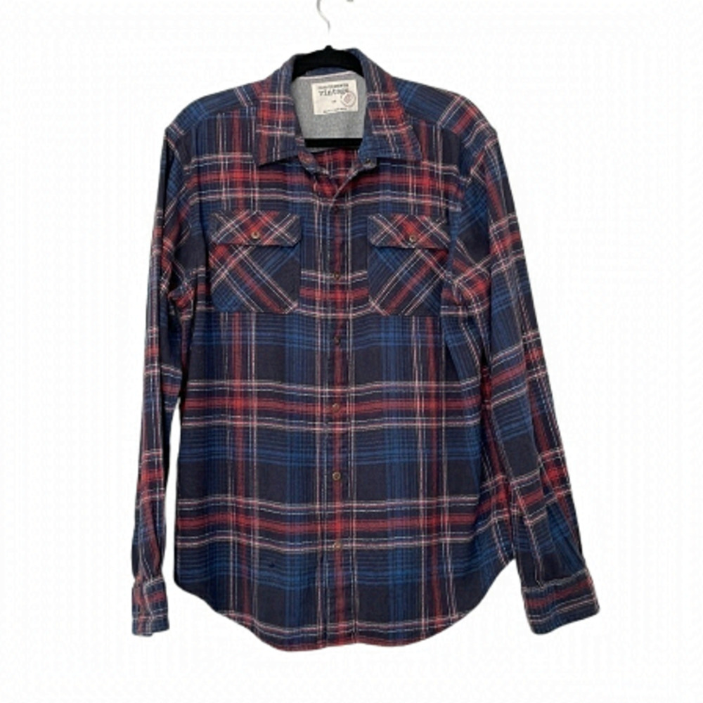 Denver Hayes Blue and Red Plaid Casual Button Down Shirt